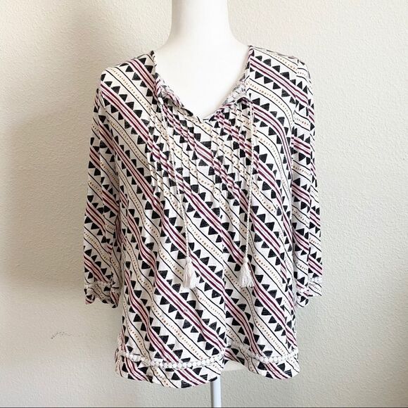 LUCKY Brand Geometic Print Top Women's L Tassel 3/4 Sleeve Boho Pin Tuck - Picture 2 of 7